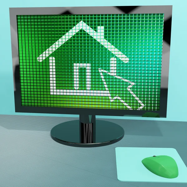 Home-Symbol auf dem Computerbildschirm, das Immobilien oder Vermietungen zeigt — Stockfoto