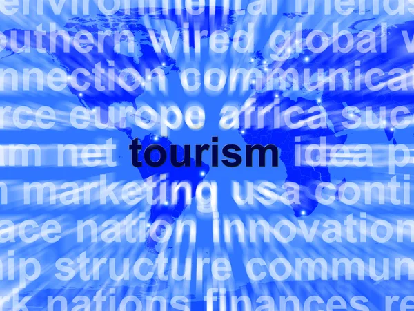 Λέξη τουρισμός δείχνει διεθνή ταξίδια και το signtseeing στην — Φωτογραφία Αρχείου
