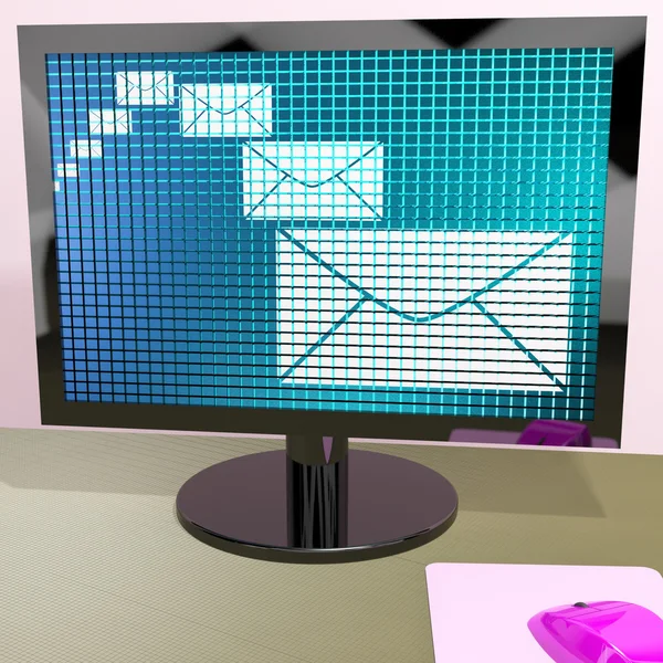 Obálky e-mailu na obrazovce ukazuje, e-mailem nebo kontaktování — Stock fotografie