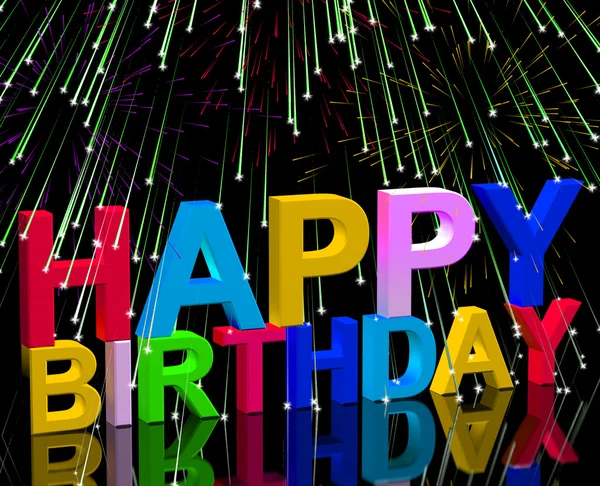 Cartas multicolores y fuegos artificiales para celebrar un feliz nacimiento —  Fotos de Stock