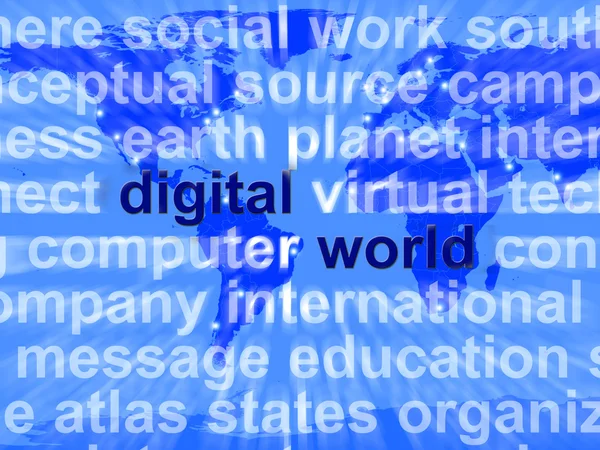 Palabras del mundo digital en el mapa mostrando Internet global o en todo el mundo —  Fotos de Stock