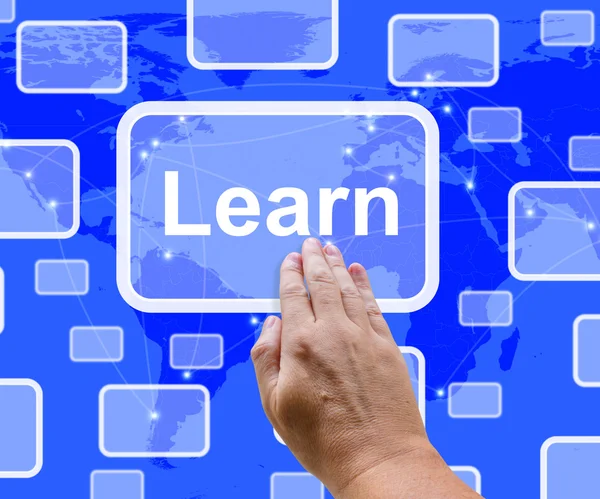 Aprender botón de ordenador en la pantalla azul que muestra el aprendizaje en línea y — Foto de Stock