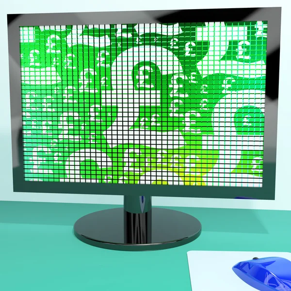 Pound Symbols On Computer Monitor Showing Money And Investment — Stock Photo, Image
