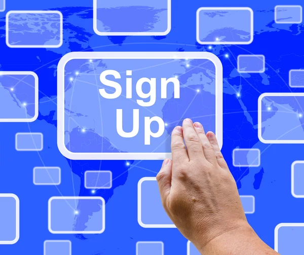 Teken omhoog knop op blauw weergegeven: abonnement en registratie — Stockfoto