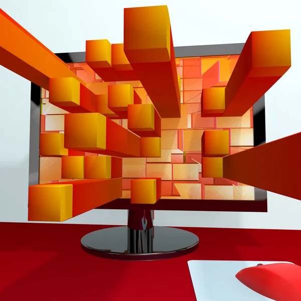 Cuadrados anaranjados tridimensionales en monitor de computadora Mostrando 3d — Foto de Stock