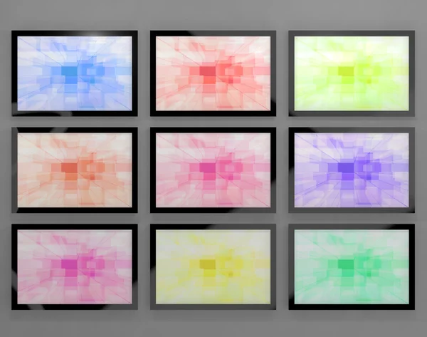 Monitores de TV montados en la pared en diferentes colores que representan alta D —  Fotos de Stock