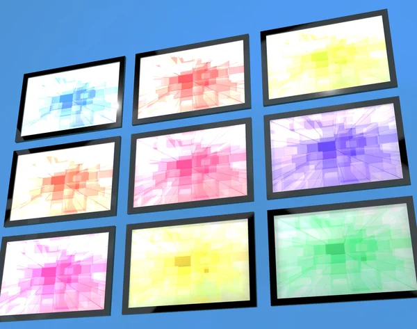 Nio TV-monitorer vägg monterad i olika färger som representerar h — Stockfoto