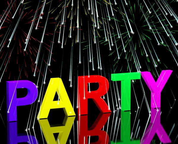 Palabra de fiesta con fuegos artificiales mostrando discoteca vida nocturna o discoteca — Foto de Stock