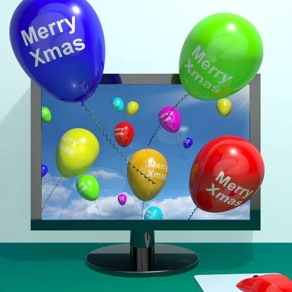 Colorful Balloons With Merry Xmas From Computer Screen For Onlin — Stock Photo, Image