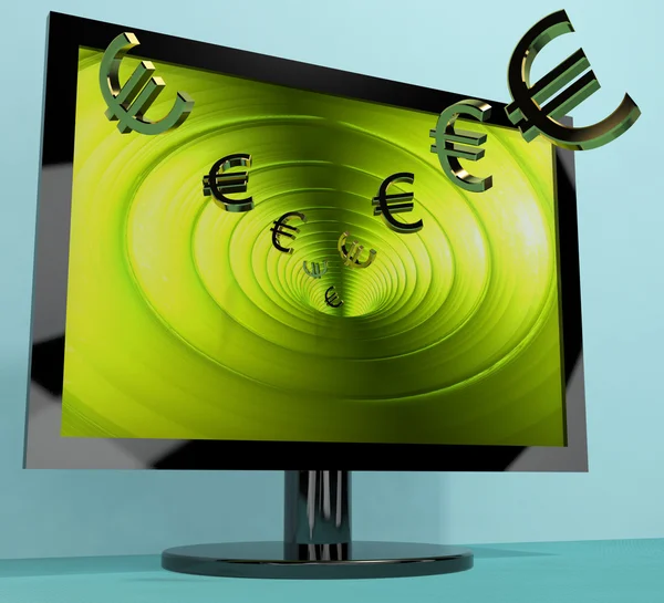 Euro Symbols From Computer Screen Showing Money Investments And — Stock Photo, Image