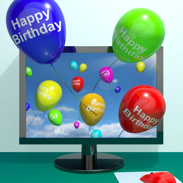 Veelkleurige ballonnen groeten uit computer vieren een gelukkig — Stockfoto