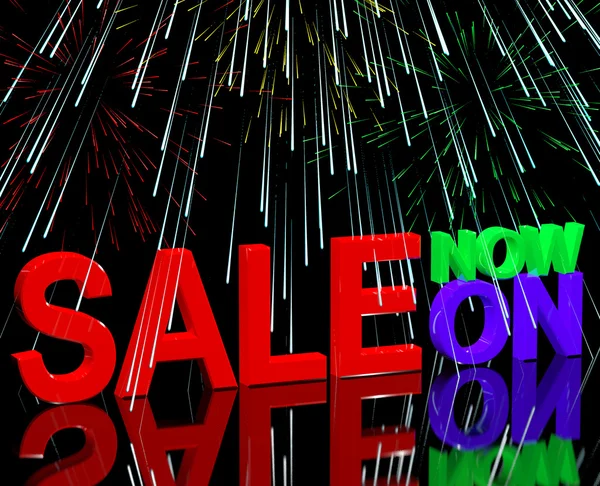 Sale Now On And Fireworks Showing Discounts And Reductions — Stock Photo, Image