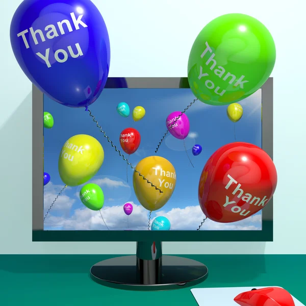 Obrigado Balões Vindo do Computador Como Online Obrigado Mensagem — Fotografia de Stock