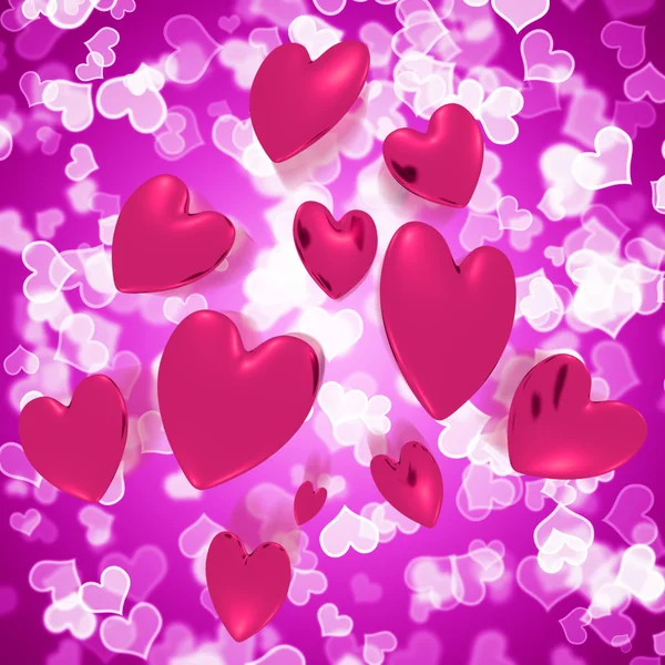 下降的紫红色散景背景显示的爱和罗姆人的心 — 图库照片