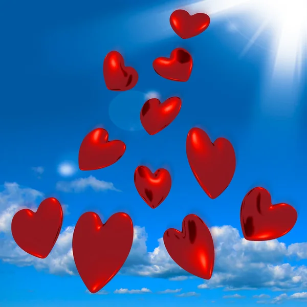 Corazones rojos metálicos cayendo del cielo mostrando amor y romanticismo — Foto de Stock