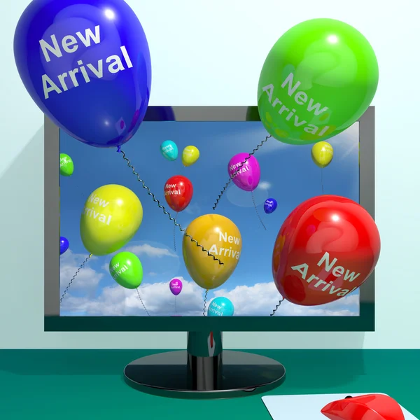 온라인의 최신 제품을 표시 하는 컴퓨터에서 새로운 도착 풍선 — 스톡 사진