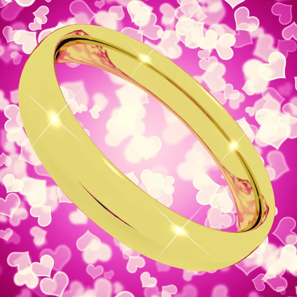 Gold Ring On Pink Heart Bokeh Background Representing Love Valen — Stock Photo, Image