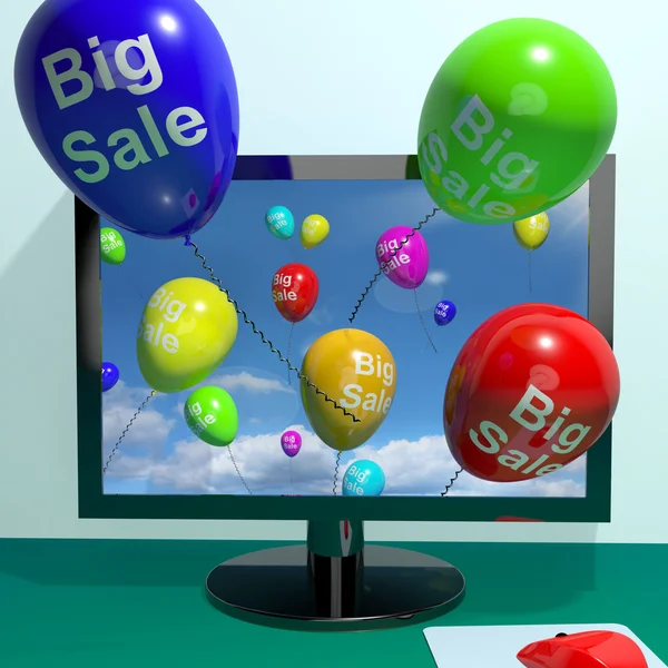 Sale Balloons Coming From Computer Showing Promotion Discount An — Stock Photo, Image
