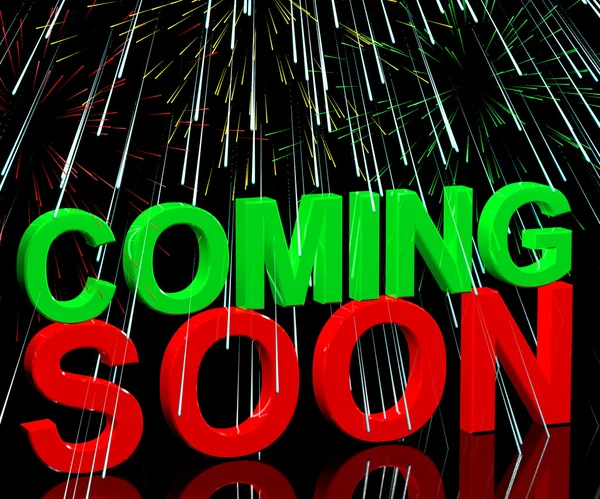 Coming Soon Words With Fireworks Showing New Product Arrival Ann — Stock Photo, Image