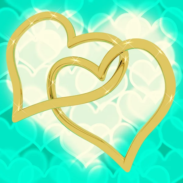 Gold Heart Shaped Rings On Turquoise Bokeh Representing Love And — Stock Photo, Image