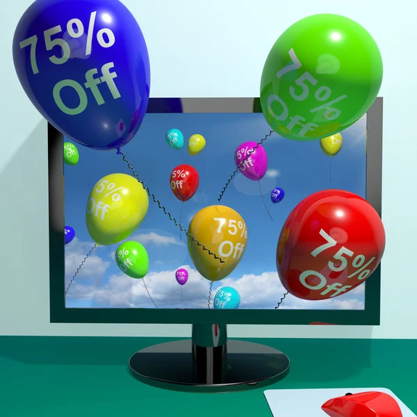 Bilgisayarı gösteren satış indirim % 70'i üzerinden balon — Stok fotoğraf