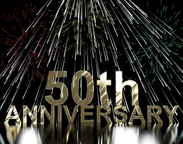 Gold 50th Anniversity With Fireworks For Fiftieth Celebration Or — Stock Photo, Image
