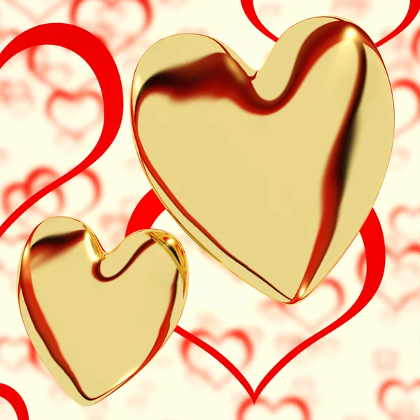Золотые сердца на сердечном фоне, снимающие любовный роман и романтику — стоковое фото