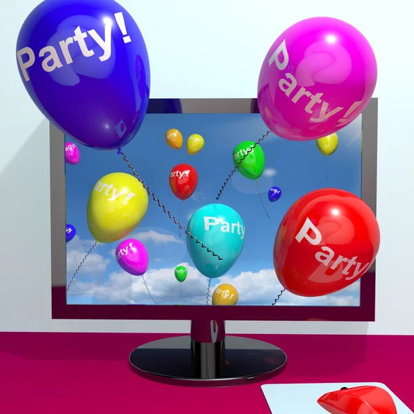 Balloons With Party Text Showing Invitation Sent Online — Stock Photo, Image