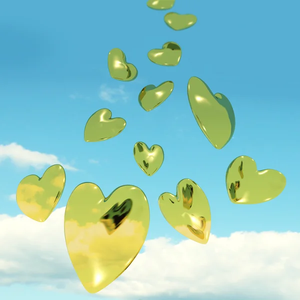 Metallische goldene Herzen fallen vom Himmel und zeigen Liebe und römische — Stockfoto
