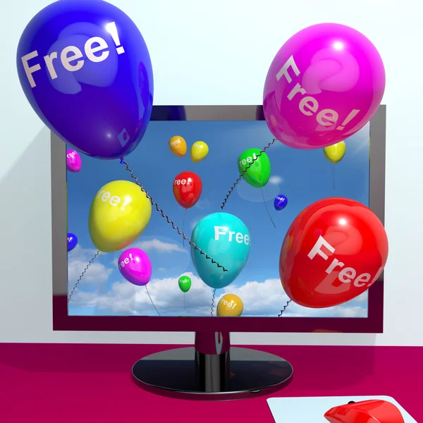 Balloons With Free Coming Through Computer Showing Freebies and — Stock Photo, Image