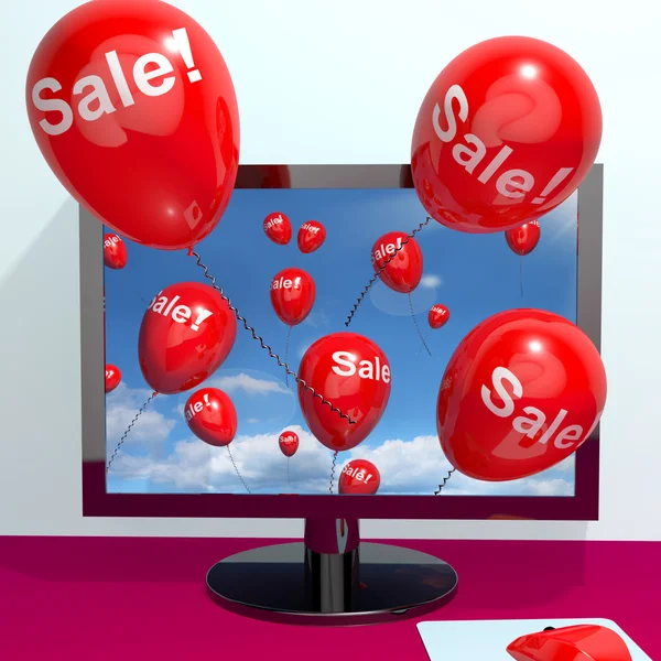 Sale Balloons Coming From Computer Showing Internet Promotion Di — Stock Photo, Image