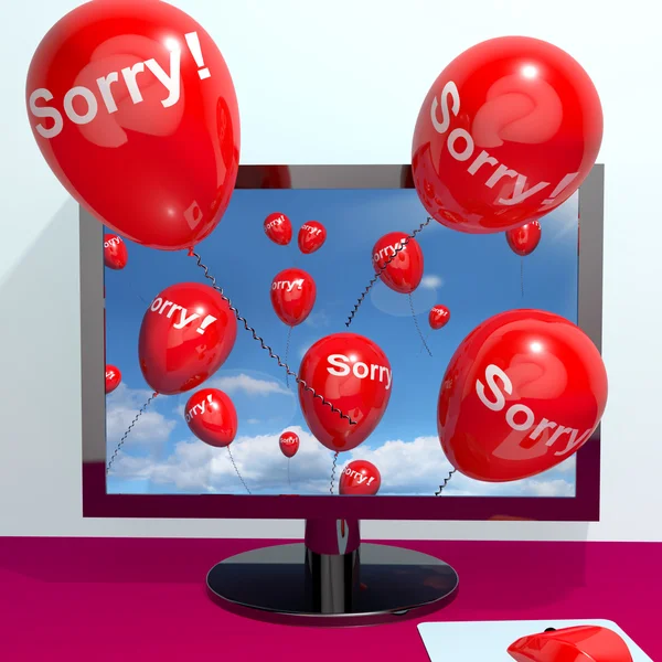 Sorry Balloons From Computer Showing Online Apology Regret Or Re — Stock Photo, Image