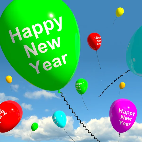 Ballonnen in de hemel weergegeven: gelukkig nieuw jaar — Stockfoto