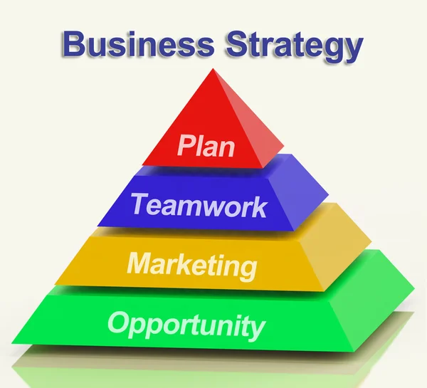 Pirámide de Estrategia Empresarial Mostrando Trabajo en Equipo y Plan —  Fotos de Stock