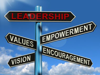 Leadership Signpost Showing Vision Values Empowerment and Encour clipart