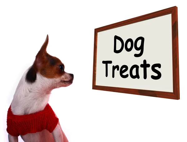 Perro trata signo mostrando recompensas caninas o bocadillos — Foto de Stock