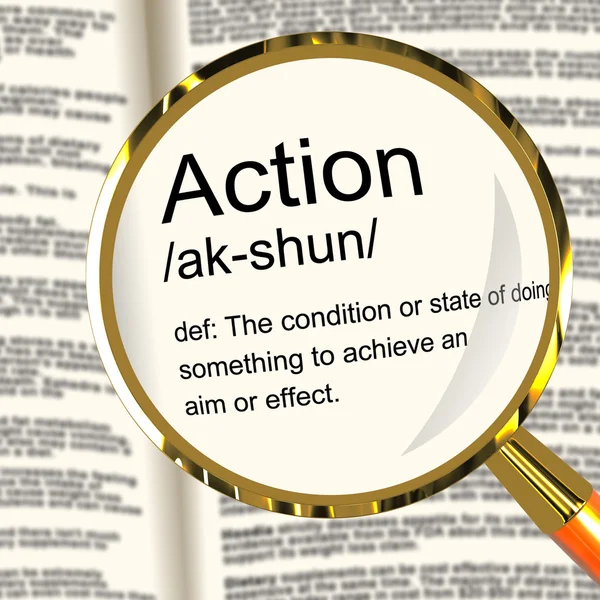 Action Definition Magnifier Showing Acting Or Proactive — Stock Photo, Image