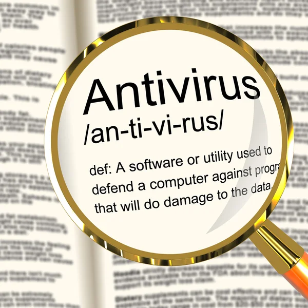 Antivirus ορισμό Μεγεθυντικός φακός δείχνει υπολογιστή σύστημα ασφαλείας — Φωτογραφία Αρχείου