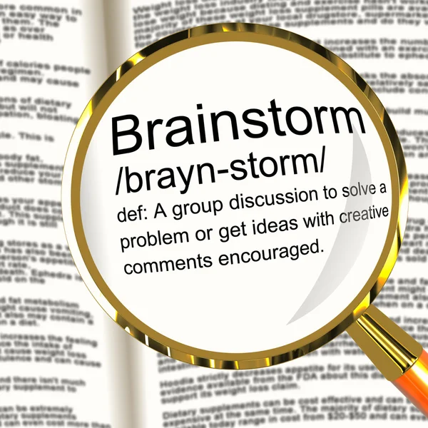 Brainstorm Definition Magnifier Showing Research Thoughts And Di — Stock Photo, Image