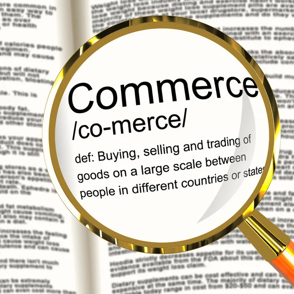 Handel definitie Vergrootglas weergegeven: handel kopen en verkopen — Stockfoto