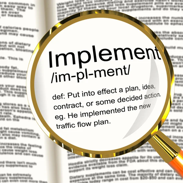 Implement Definition Magnifier Showing Executing Or Carrying Out — Stock Photo, Image