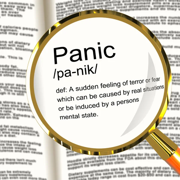 Panik-Definitions-Lupe, die Trauma-Stress und Hysterie zeigt — Stockfoto