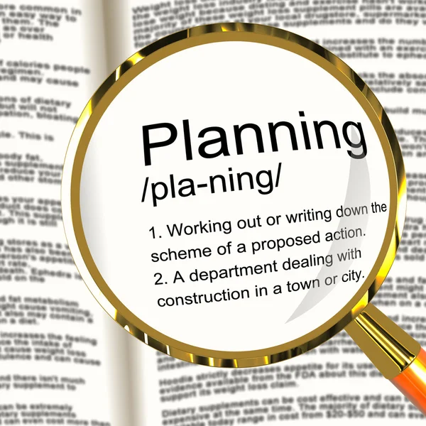 Planning Definition Magnifier Showing Organizing Strategy And Sc — Stock Photo, Image