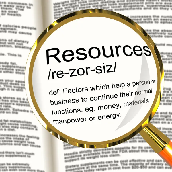 Resources Definition Magnifier Showing Materials Assets And Manp — Stock Photo, Image