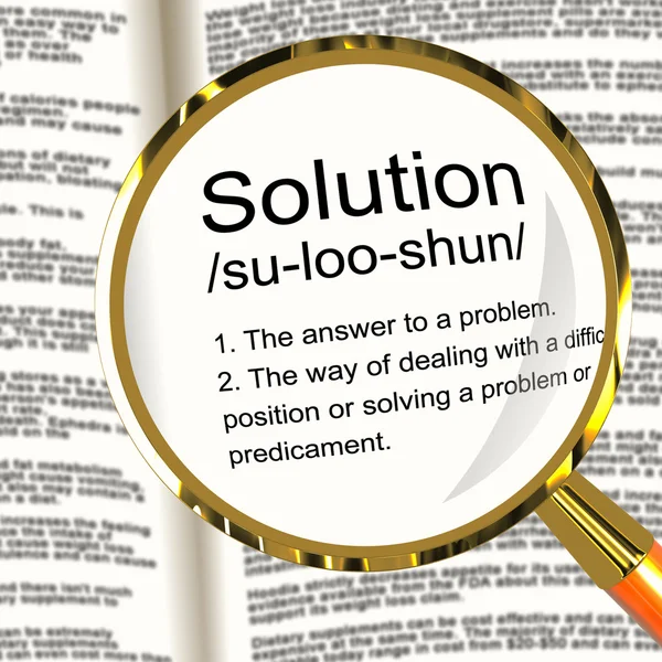 Solution Definition Magnifier Showing Achievement Vision And Suc — Stock Photo, Image
