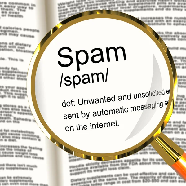 La lente di ingrandimento di definizione dello Spam che mostra il email indesiderato e malevolo — Foto Stock