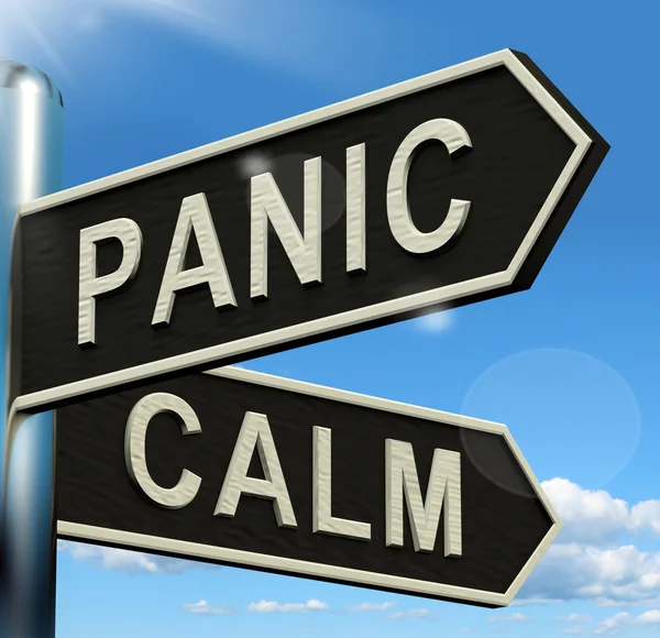 Panic Or Calm Signpost Showing Chaos Relaxation And Rest — Stock Photo, Image
