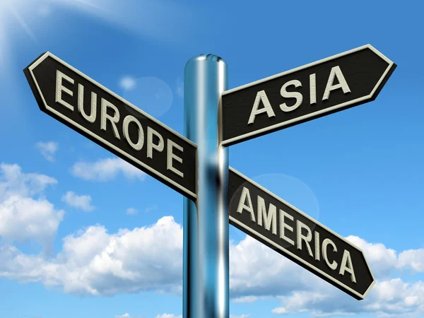 Europe Asia America Signpost Showing Continents For Travel Or To — Stock Photo, Image