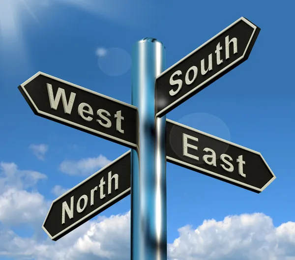 Północny wschód-południowy zachód drogowskaz pokazuje kierunek podróży lub — Zdjęcie stockowe