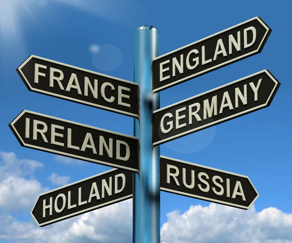 Inglaterra França Alemanha Irlanda Signpost Mostrando Europa Viajar para — Fotografia de Stock